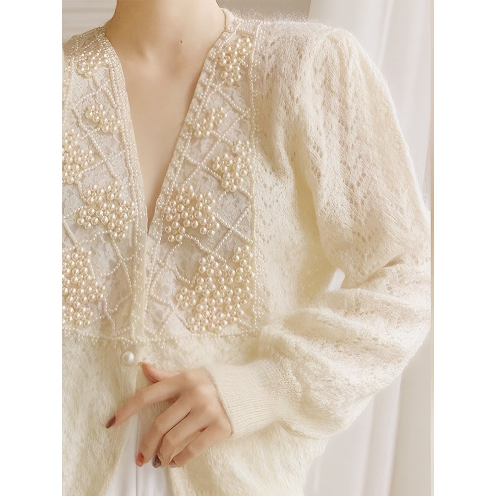 Commense Pearl Embellished Cardigan Sweater,‎ Elegant Knitwear,  Off White M - Picture 3 of 9